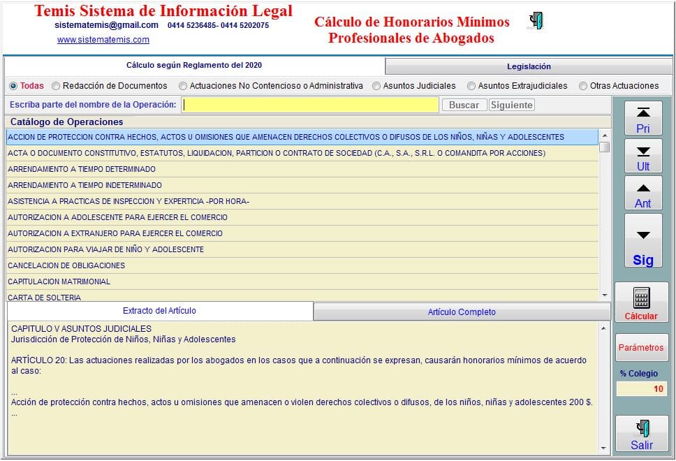 Pantalla principal cáculo de honorarios de abogado - sistematemis.com