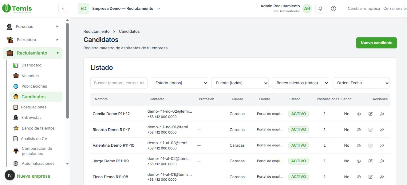 Listado de candidatos en Temis Reclutamiento