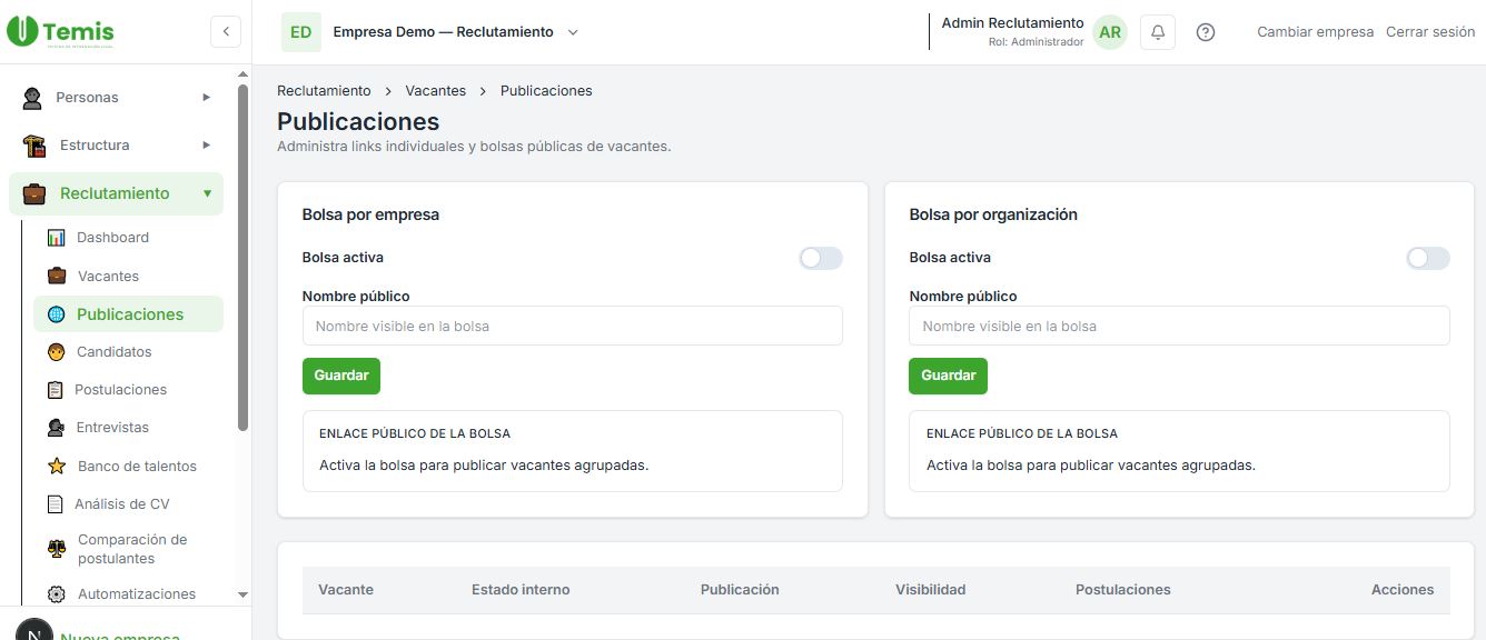 Configuración de publicaciones de vacantes en Temis Reclutamiento