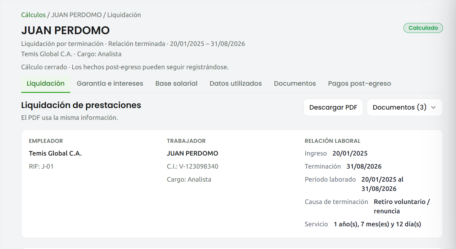 Resultado de prestaciones sociales Artículo 142 en Temis Cloud