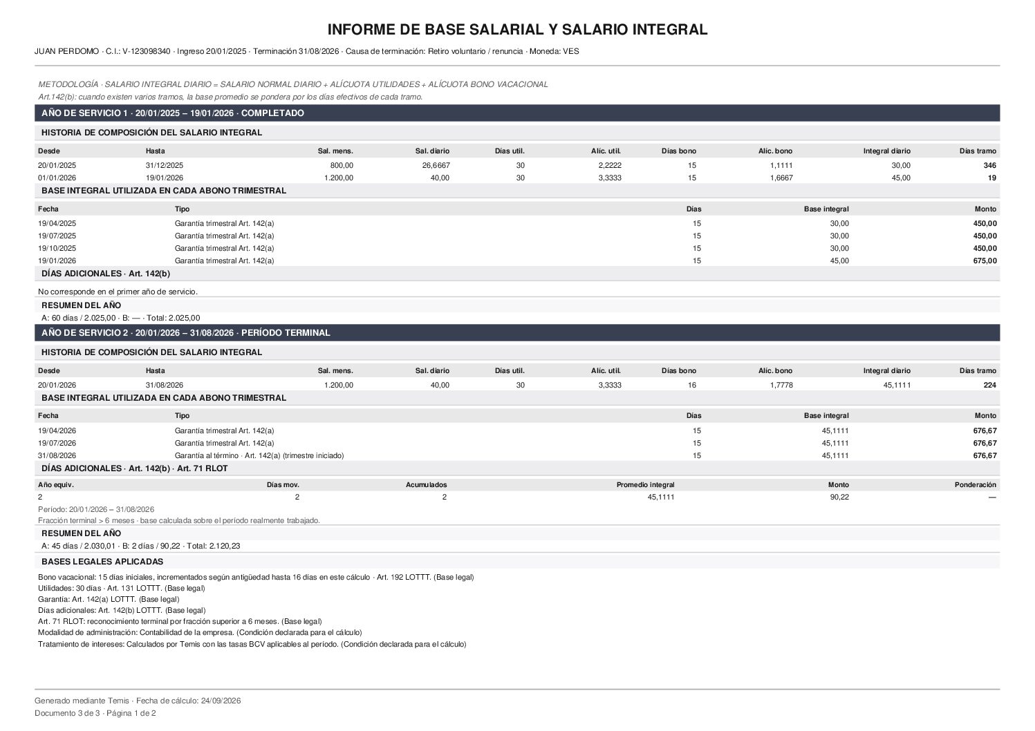 Ejemplo de documento de base salarial generado por Temis Prestaciones Cloud