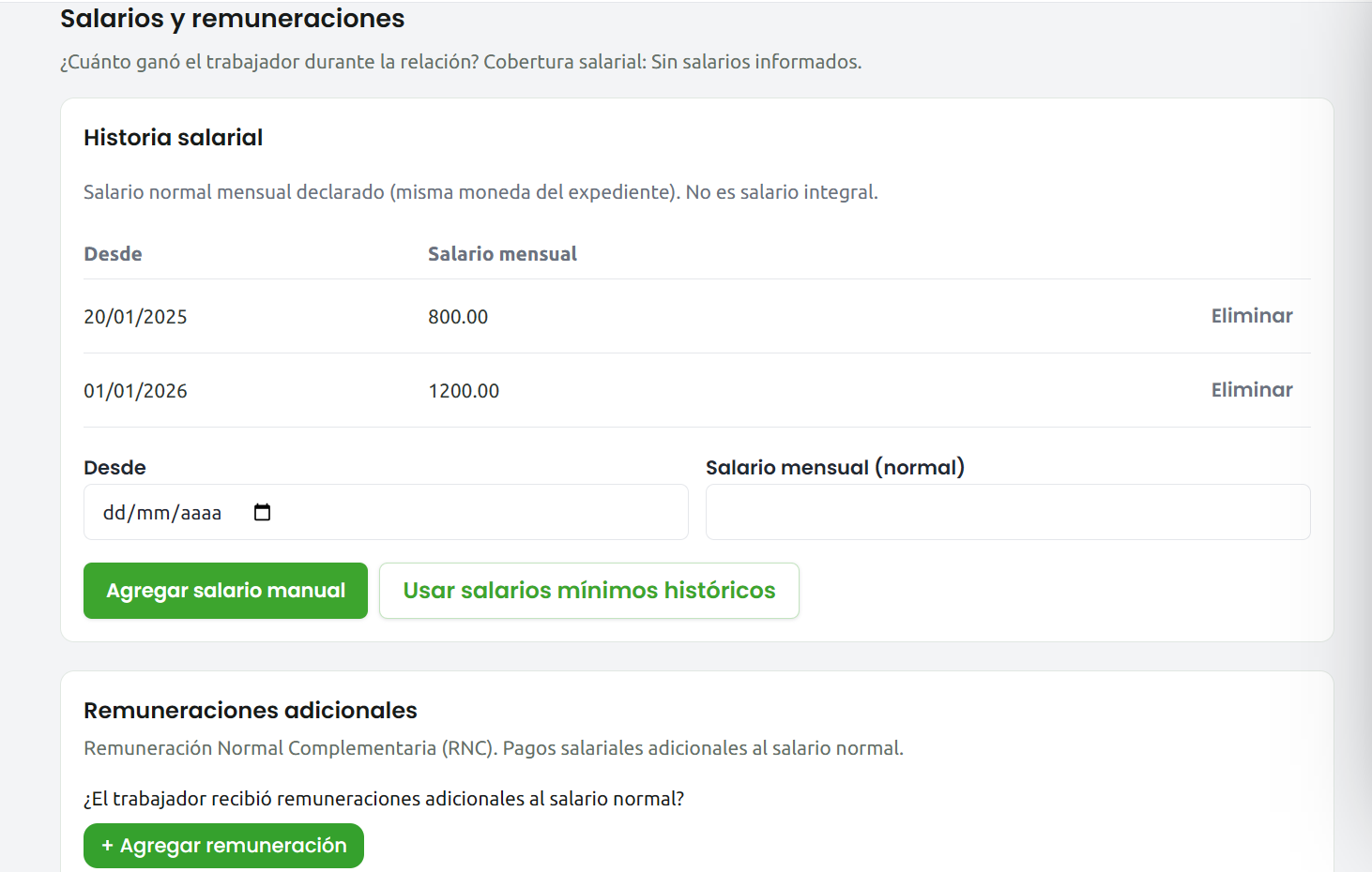 Historia salarial y remuneraciones en Temis Prestaciones Cloud