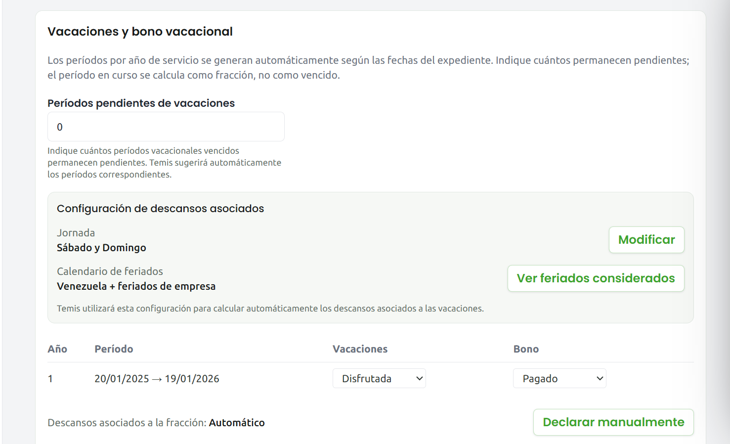 Vacaciones y bono vacacional en Temis Prestaciones Cloud