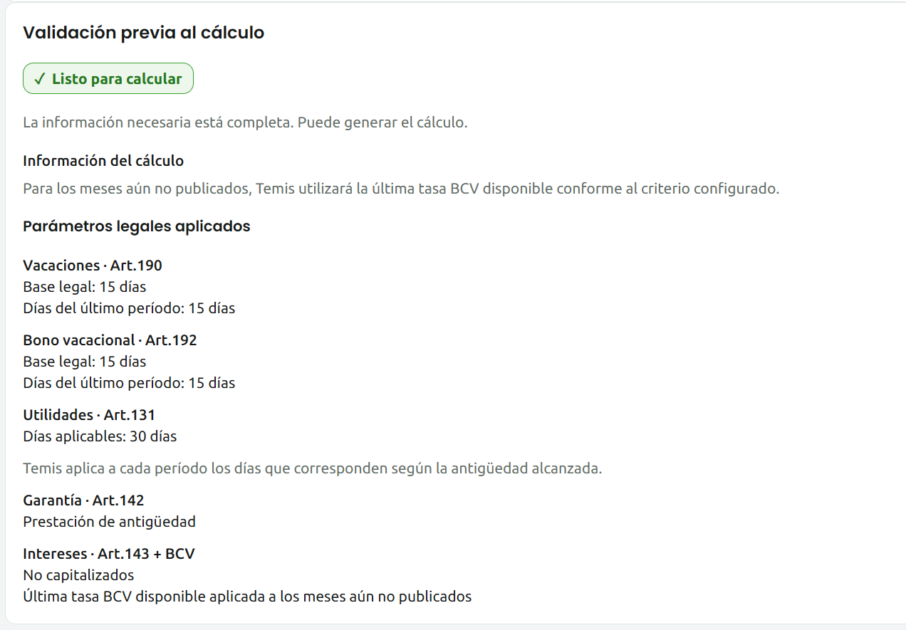 Validación previa del cálculo en Temis Prestaciones Cloud