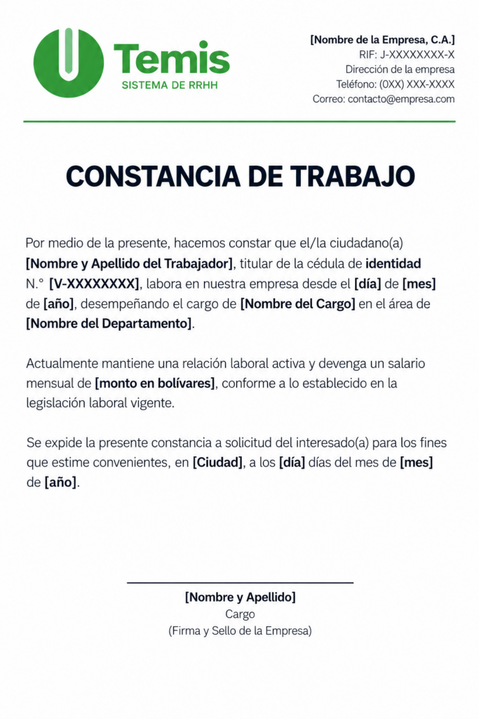 Modelo de constancia de trabajo en Venezuela para trabajador activo